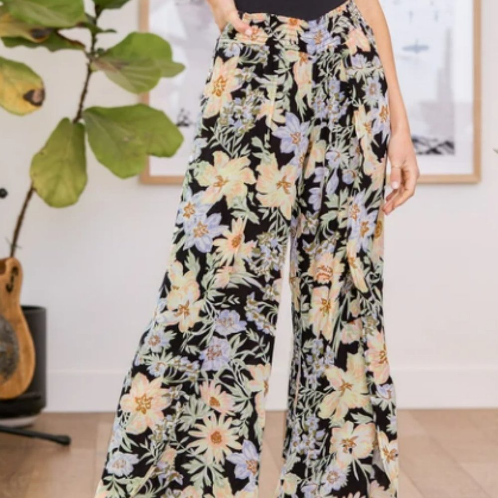 Billabong Wandering Soul Black Floral Print Wide-Leg Pants